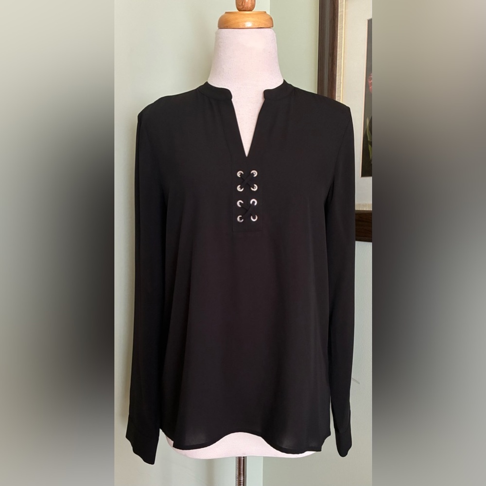 NEW Karl Lagerfeld Paris Long Sleeve lace up V neck Blouse Top size S